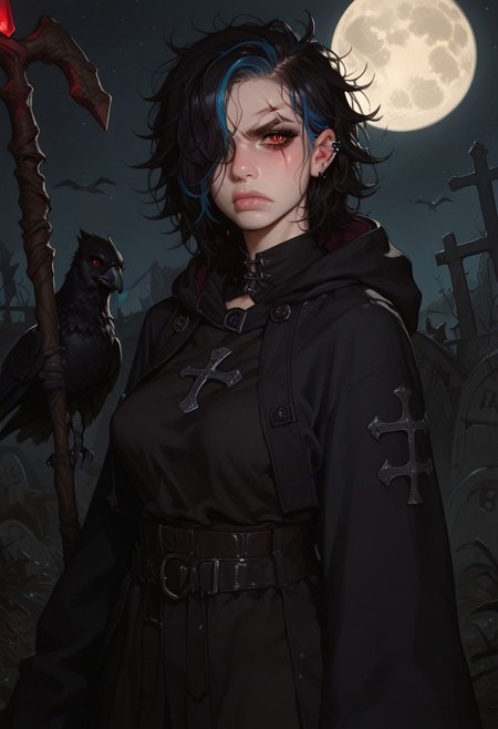 score_9, score_8_up, score_7_up, very colourfull, 
1 girl, red eyes, scar, goth, black hair, blue highlights, saggy breasts, messy hair, hair covering one eye, black hooded robes, hooded:1.3, 
graveyard, holding a magic staff, crow:1.5, crow on her shoulder:1.5, night time, full moon, looking at viewer, disgust, bending forwards, hands on staff, grabbing staff:1.5, dark shadows across her face:1.5,