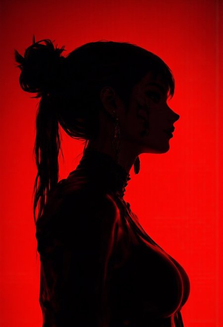 The woman is depicted facing right.
Her hair is dark, styled in a loose, messy bun with a few strands hanging down, 
 her face and neck tattoos. , covering parts of her cheek and neck with dark, detailed designs, including various shapes and symbols. 
She has multiple ear piercings, including a stud and a hoop, as well as a small barbell piercing on her cheek near her lip.
The woman is dressed in a high-necked, dark outfit that merges with the deep shadows, enhancing the focus on her face and tattoos. 
The background is a vibrant, solid red, which contrasts sharply with her dark silhouette, creating a bold, intense visual effect