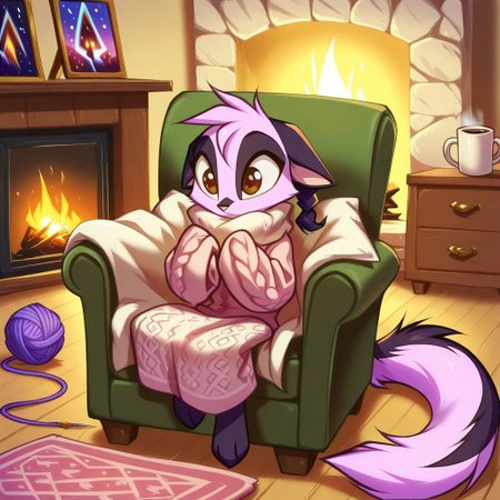 Dreamkeepers,1girl,Prelude_Vi,solo,furry,tail,source_furry,hazel eyes,
child, kid, 
knitting_needles, yarn_ball, blanket, armchair, fireplace, slippers, wool, pattern_book, A cozy evening by a crackling fireplace, someone curled up in an armchair, needles clicking as they knit rows of a soft blanket. Yarn roll slightly on the floor, a coffee mug steams on a side table, and a pattern book lies open nearby