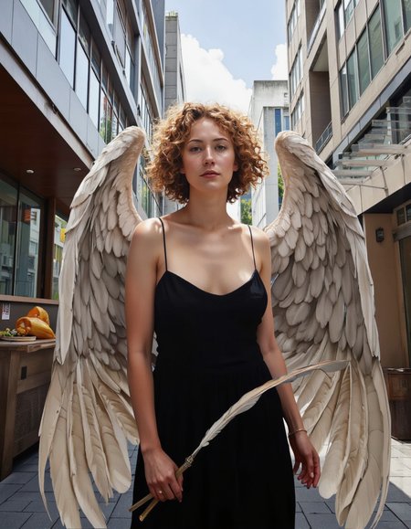 Art by Linda Delahaye. A surreal digital painting of a woman with large feathered wings, standing in an urban city street. the woman, who appears to be in her mid-twenties, has curly blonde hair and is wearing a sleeveless black dress that reveals her bare shoulders. she has a serious expression and is holding a long, feather-like staff in her right hand. the background features tall, modern buildings with glass windows, and the woman is positioned in the middle of the image, with her wings spread wide, giving the impression of an angelic figure. the artwork is highly detailed and realistic, with a focus on the woman's expression and the feathers of her wings.