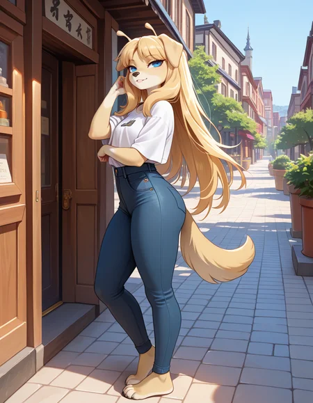 masterpiece, best quality, very aesthetic, absurdres,
outdoors, 
full body, standing, posing, 
casual, 
seductive smile, parted lips, long eyelashes,
<lora:Zharar_v01_NAIXL:1>
Zharar,1girl,solo,furry,furry female,dog girl,blonde hair, long hair,dog ears,antennae,blue eyes,snout,animal nose,body fur,two-tone fur,dog tail,