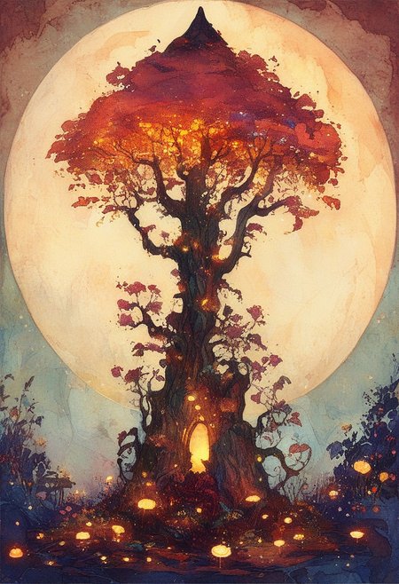 score_9, score_8_up, score_7_up, rating_questionable,score_9, score_8_up, score_7_up, BREAK 
Under the light of a full moon, a grove of blue glowing mushrooms casts a magical glow across the forest floor. A cute witch with a black floppy hat and black hair, her orange glowing eyes shining brightly, stands in the center of the grove, basking in the ethereal light. The moonlight and the glow of the mushrooms create a mystical atmosphere, with shadows dancing among the trees. The scene is depicted in the delicate, ethereal style of Yoshitaka Amano, capturing the dreamlike beauty and magic of the moonlit grove.
, the scene is captured in dimly lit dark fantasy but vibrant colors, with bold ink lines defining form against the watercolor wash of the aged paper
(Art Noveau), ArsMJStyle,  <lora:ArsMJStylePony_-_Art_Nouveau-000009:1.5>