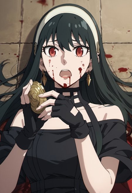 score_9, score_8_up, score_7_up, source_anime, yor briar, black hair, long hair, red eyes, 1girl, blood, blood on face, gloves, holding, phone, fingerless gloves, black gloves, hairband, open mouth, sidelocks, black dress