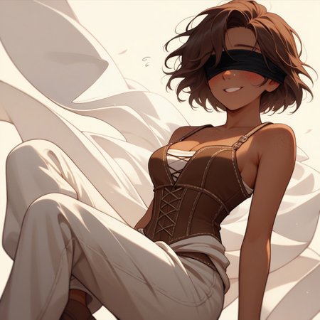 Score_9, Score_8_up, Score_7_up, (masterpiece), best quality, blindfolded, perfect face, perfect anatomy, anime girl, slim, medium breasts, hourglass shape, brown hair, short hair, dark skin and freckles, beautiful and trained bodysuit, white sleeveless shirt, brown corset that highlights her small waist, loose pants with openings on the sides, without shoes, hippie aura, cleavage, romantic perspective, smiling, nervous, blushing, beautiful perspective.