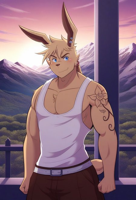 <lora:Sissel:0.8>, solo, sissel, rabbit boy, tattoo, male, manly, masculine, blue eyes, white tank top, brown shorts, belt, facing viewer, BREAK masterpiece, best quality, amazing quality, very aesthetic, high resolution, ultra-detailed, scenery, absurd res, newest, detailed fur, detailed muscles, furry male, short tail