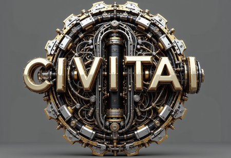 pinkmechalux, A highly detailed CGl rendering of a futuristic,metallic,gear-like structure resembling the word "CIVITAI". The design features intricate mechanical components,including brass and silver gears,cables,and a central black cylinder.