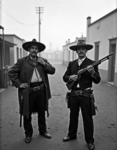 <lora:Mexican Noir Style-flux:1> mxnoirsty, black and white, dark,   Duel at Dawn â Mexican Revolution Showdown (Captured with a Vintage Leica IIIC, Soft Morning Fog for Atmosphere)
Two revolutionaries, their sarapes draped over their shoulders, stand in a dusty town square as the first light of dawn spills over the rooftops. One adjusts his wide-brimmed sombrero, his leather gun belt tight across his chest, his pistol glinting in the dim light. The other, a former friend turned enemy, grips his rifle, his expression hard as stone. The quiet is heavy, only disturbed by the distant braying of a mule. Shot on a vintage Leica with a soft focus on the morning fog rolling in, the scene captures the inevitable tragedy of a brotherhood torn apart by war.