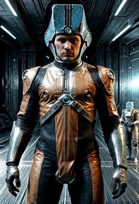 Corpus crewman in a spaceship corridor, science fiction,  dramatic shot, male focus, 1boy, male corpus crewman wearing corpus crewman helmet,  robot, rectangular helmet, blue light bar on helmet, brown and black corpus crewman suit, (helmet with hard edges, helmet with a flat front face, helmet with hard corners, helmet with blue light strip), black shoulder pad, tubes from metal chest plate, black gloves with silver palms, blue circle near hips,  metal bands below fore arm, fit, athletic build, square patch on thigh, holding electric baton,
realistic texture, realism, best quality, 
(((Corpus, corpus crewman, Tan and black corpus suit, corpus tileset,    Corpus helmet, wearing helmet, wearing corpus helmet,))) moa in the background, two legged robot in the background,