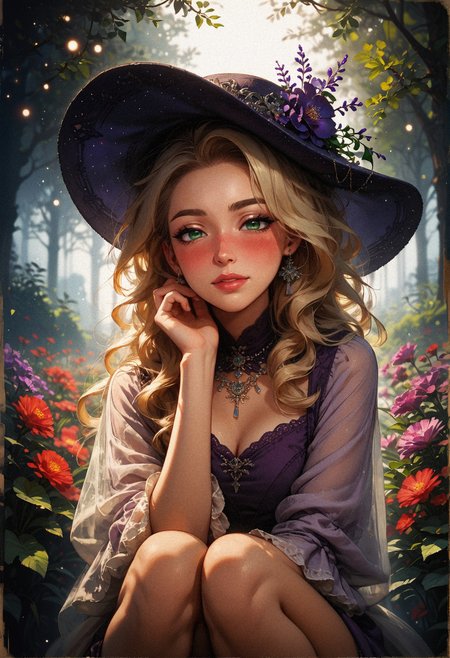 score_9, score_8_up, score_7_up, score_6_up, score_5_up, score_4_up,   1woman, (beautiful face, cute face, 18 years old), blonde, long straight hair, outdoors, plants, flowers, soft lighting, smiling, blush, looking at viewer, nose blush, green eyes, hands between knees, leaning forwards, night, bokeh, moonlight, tan skin  <lora:sdxl\Expressive_H-000001:0.6>, expressiveH <lora:sdxl\vixon_pony_gothic_neon:0.4> <lora:sdxl\incase_style_v3_ponyxl_ilff:0.3> <lora:sdxl\sinfully_stylish_SDXL:0.4> <lora:sdxl\wrenchrococodomepdxl-000007:0.8>, purple wrenchrococodome, purple gown, hat