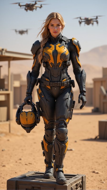full-body candid portrait of a white woman with long sandy blonde hair tied in a loose ponytail, standing confidently with one foot on a supply crate. Her exo-armor is graphite black with deep yellow-orange highlights, layered plating along thighs and chest with scuffed texture, bolted kneepads, and reinforced exo-boots. She carries a helmet under one arm. Background: desert outpost landing zone with sand-kissed structures and hovering drones.







ftlas-mk.1
