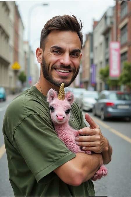 A stunning high-resolution photograph of a man holding a baby pink unicorn