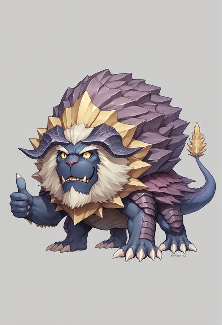 no humans, monster, solo, lion mane, lion face, horns, tail, turtle shell, scales, six legs, spikes, fangs, sharp teeth, yellow eyes, smile, chibi, (((thumbs up)))  <lora:Terrasque:0.8>, score_9, score_8_up, score_7_up, score_6_up, score_5_up, score_4_up, BREAK source_anime, masterpiece