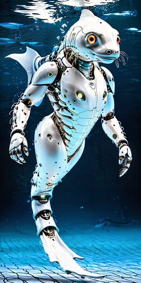 Jed-Rbmls,sleek design, metallic scales, glowing LED eyes, streamlined body, flexible tail, waterproof casing, internal sensors, quiet motors, smooth movements, programmable functions, energy-efficient, pressure-resistant, durable materials, realistic swimming, adaptive behavior, remote-controlled, autonomous navigation, rechargeable battery, underwater camera, sonar capabilities, <lora:Robomals:1>,