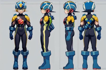 (official art, simple background, full body, standing, chara-sheet), (masterpiece, best quality), megaman, (dark blue boots), (red headwear, dark blue helmet with yellow stripe), (indigo bodysuit with yellow), covered collarbone, (yellow shoulder pad), (dark blue backpack), (dark blue gloves), (green eyes), (red circular chest piece), muscular, large pectorals, thick thighs