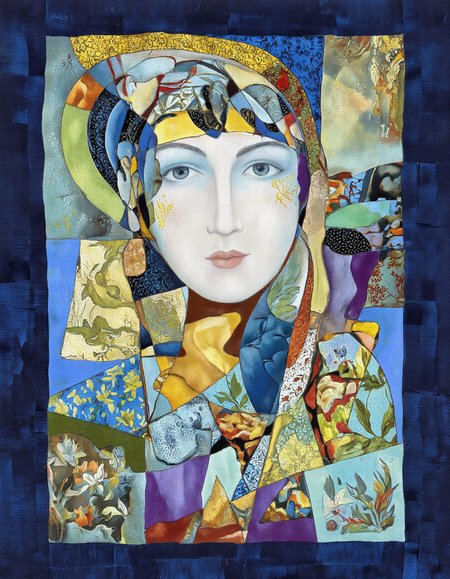 Art by Tigran Matulian. A vibrant and colorful quilted portrait of a woman's face, created using a patchwork technique. the portrait is centered in the middle of the image, with the woman's blue eyes looking directly at the viewer. her hair is styled in a way that frames her face, and she has a serene expression with parted lips and a subtle nose. the woman is surrounded by a variety of colorful fabrics, including squares, rectangles, and floral motifs in shades of blue, green, yellow, and purple, creating a mosaic-like effect. the background is a dark blue with a grid pattern, adding to the overall sense of depth and texture to the image. the overall effect is one of serenity and beauty, with a focus on the intricate details and vibrant colors of the quilting.