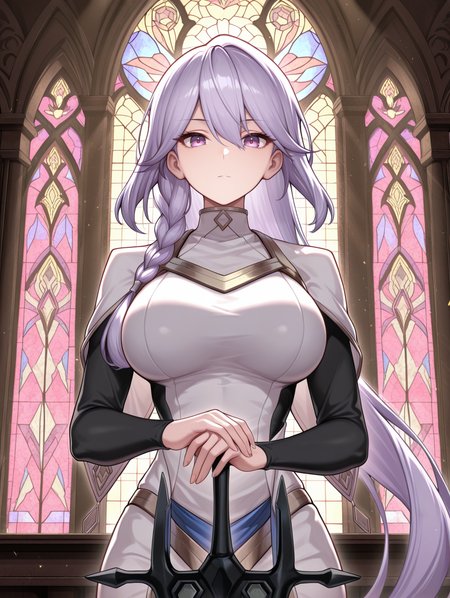 dogmatika fleurdelis,1girl,greatsword,solo,looking at viewer,hand on hilt,large breasts,closed mouth,expressionless,cowboy shot,white dress,white capelet,black bodystocking,castle,stained glass,purple eyes, 
masterpiece,best quality,amazing quality,very aesthetic,absurdres,newest,<lora:Dogmatika Fleurdelis & Ecclesia the Virtuous illuXL v1:0.75>,