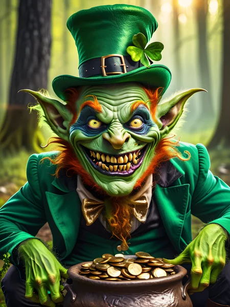a real life scary monster Leprechaun dressed for Saint Patrick's Day, sinister beast, horror creature, frightening goblin, wicked gore, evil grin, sharp teeth, pot of gold, forest background, a vivid UHD 8K photograph, extreme details, amazing masterpiece,