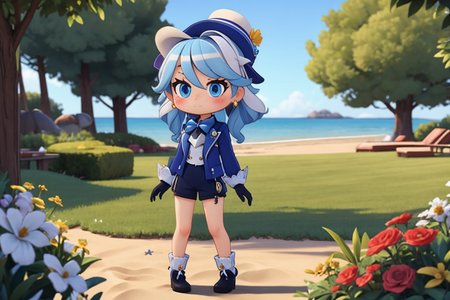 <lora:FurinaGI_00_01:0.8>, (masterpiece), (best quality), (detailed background, best lighting), ultra-detailed, highly detailed, (blush), solo, 
<BRAKE>
(beach:1.4), forest, stone, on grass, on beach, (colorful flowers), shadow, sunlight, warm, side lighting,
<BRAKE>
frna, 1girl, long hair, looking at viewer, bangs, blue eyes, shirt, gloves, long sleeves, hat, hair between eyes, jewelry, closed mouth, blue hair, standing, jacket, full body, white shirt, braid, white hair, multicolored hair, earrings, shoes, shorts, black gloves, white gloves, streaked hair, short shorts, thigh strap, swept bangs, white socks, blue jacket, brooch, blue headwear, blue footwear, white shorts, blue gloves, tilted headwear, blue ascot