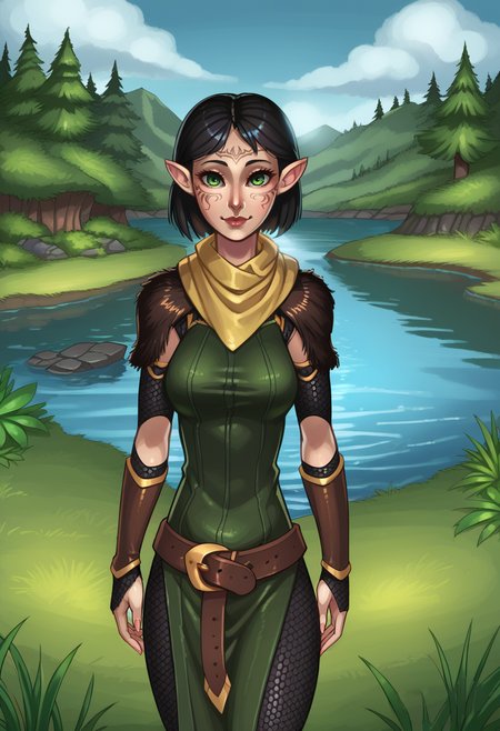 score_9, score_8_up, score_7_up, 1girl, solo,  SulfS-M3rr1LL, pointy ears, face tattoo, facial mark, short hair, black hair, green eyes,
chainmail sleeves,green tunic, yellow scarf, fur trimmed shoulder pads, leather bracers, belt,
forest, lake, looking at viewer, smiling,
<lora:Merrill_Dragon_age_2-000008:0.8>,   <lora:Artist_Style_-_DrGraevling:1> drgraevling-dh