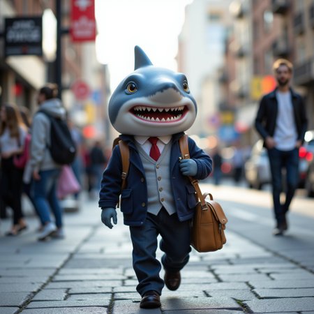A professional photograph of a mini anthropomorphic shark walking confidently down a city street, ready for school. The shark is wearing a school uniform with a backpack slung over its shoulder, featuring a mix of formal and casual attire. The shark’s blue-grey skin contrasts with the colorful clothes and the bustling urban environment. The street around is busy, with blurred cars and pedestrians in the background, but the shark is the clear focus of the image. The setting has a crisp, realistic feel, capturing the moment just as the day begins,aidmafluxpro1.1, aidmaMJ6.1, aidmaimageupgrader, aidmaHyperrealism