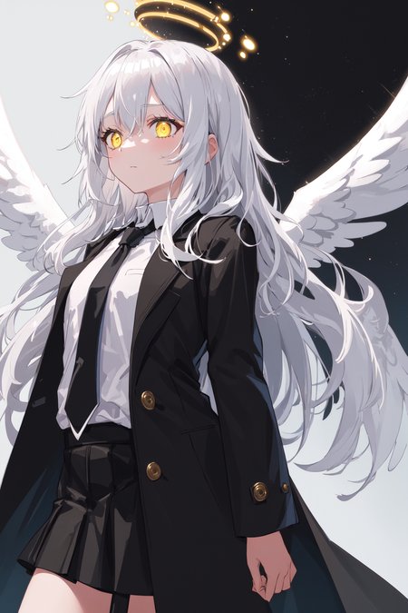 (masterpiece, best quality:1.3), (ultra-detailed:1.3), 1girl, solo, (white hair, messy hair, long hair), (angel wings, angel halo), flat chest, yellow eyes,  (white shirt, black necktie, black coat, open coat), cowboy shot, cinematic lighting, (((glowing light particles))), (arms behind back), dynamic angle,