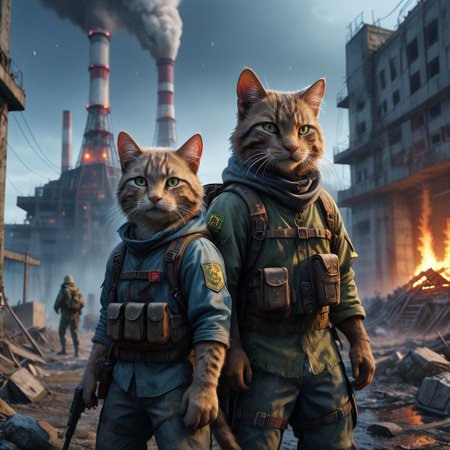 anthropomorphic, two stalker cats, two cats in stalker clothes, backpack and weapon behind their backs, located in the exclusion zone, night, (((two stalker cats sitting by the fire))),Chernobyl, Chernobyl nuclear power plant, detailed equipment, detailed environment, realistic rendering, photorealistic, hyperdetailed. ((best quality)), ((masterpiece)), ((realistic)), ((detailed)), full-length portrait, blurred pale eyes, looking at the viewer, natural light, cinematic photo, grainy photo, noise in the photo, High dynamic range, vivid, rich details, clear shadows and highlights, realistic, intense, high contrast, highly detailed, extremely detailed, depth of field, detailed fur,
Chernobyl disaster, Nuclear power plant was destroyed after the explosion, Apocalypse, fire, minimalist short clothes, anti-social, running, falling snow, cyberpunk destroyed ancient city, complex details, 8k post-production, cinematic color,((off camera)), cinematic photography style, light grain<lora:skj_cinematic:0.8>