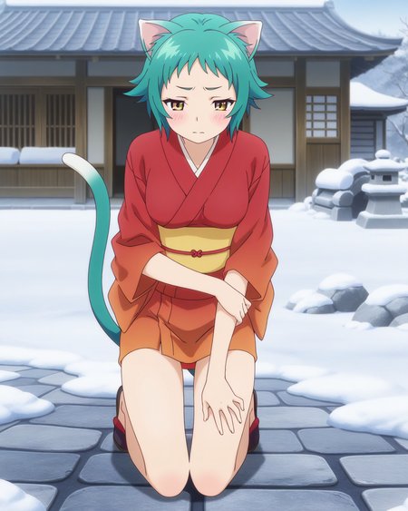 (kimono:1.50), 
ys-yaya, green hair, short hair, yellow eyes, 
1girl, (solo:1.60), skinny,
(masterpiece, best quality, amazing quality, absurdres, high quality, highres, masterpiece), 
blush,
full body
,
(:1.20), 
BREAK,
winter,
,
(anime coloring),
medium breasts,
cat ears, cat tail
<lora:ys-yaya-V01-illXL:0.80>