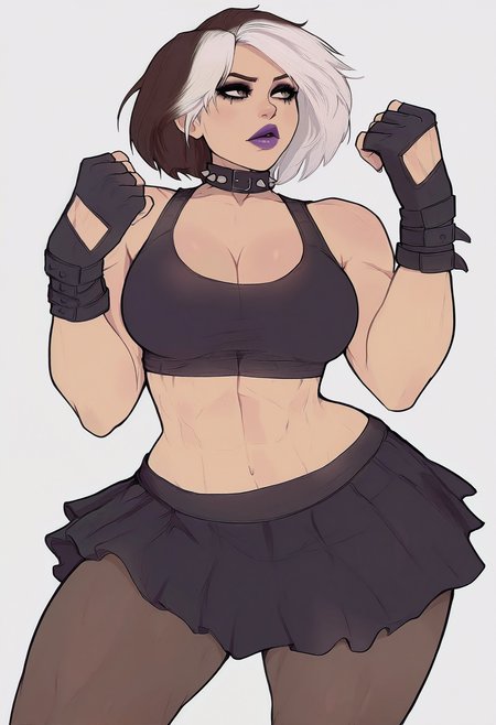 1girl, solo, rogue \(x-men\), goth fashion, makeup, brown hair, white hair, sports bra, skirt, pantyhose, fingerless gloves, spiked choker, purple lips, toned, large breasts, simple background, white background, 
masterpiece, best quality, <lora:yoracrab-guy90-Illust-Lycorisv1:1> barroy