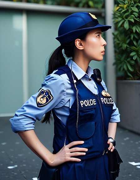 score_9, score_8_up, score_7_up, source_real,realistic, photorealistic, BREAK <lora:detailed_notrigger:0.7> <lora:zy_Detailed_Backgrounds_v1:1> extremely detailed, detailed background,
japanesePolicewoman, 1girl, solo, hands on hips, police uniform, police, hat, policewoman, outdoors, uniform, ponytail, black hair, long hair, day, blue headwear, shirt, bag, watch, vest, profile, sleeves rolled up, collared shirt, wristwatch, blue shirt <lora:BDpony_japanesePolicewoman_V1-8554:0.9>