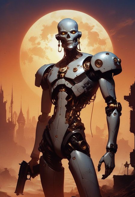 score_9, score_8_up, score_7_up, cowboy shot, knva, (Best Quality, Highres, Absurdres, Intricate Details):1.3, intricate landscape, detailed background, steampunk, steampunk city, night, 1male, skinny:1.8, anorexic, lithe body, cyborg, robot, silver body, construct, thin body, thin arms, thin legs, shooting gun, holding flintlock pistol, yellow eyes, thin waist, (shoulderpads:0.5), compassionate face, wise face