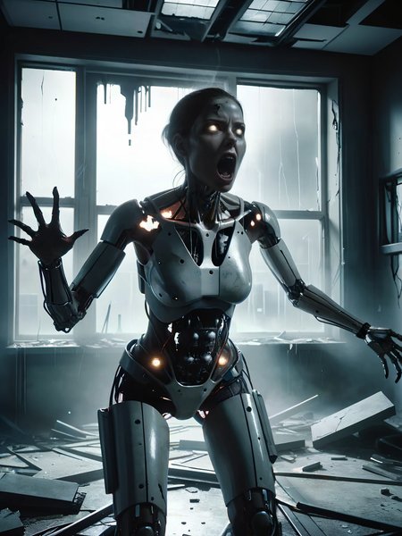 mid-shot,   shot, female cyborg, horror, liminal, shrieking, screaming, extreme rage, destroyed laboratory, broken windows, <lora:add-detail-xl:1>,  <lora:ral-ertmsphr:1>ral-ertmsphr