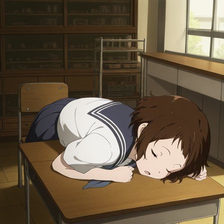 masterpiece, best quality, amazing quality,1girl, solo, kotenbu_series_lbara_mayaka, school uniform, short hair, sleeping, serafuku, brown hair, lying down, on desk, closed eyes, chair, classroom, school desk, kamiyama high school uniform (hyouka), skirt, open mouth, indoors, <lora:Ibara_Mayaka_-_Kotenbu_Series:0.7>