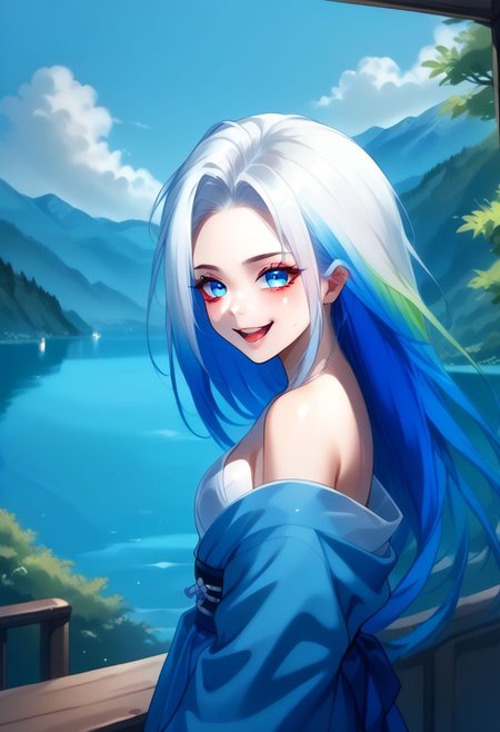 score_9, score_8_up, score_7_up, 8k uhd, masterpiece, best quality, high quality, absurdres, ultra-detailed, (highly detailed), OverallDetail, Expressiveh, 
,
((( Adult )))
,
(((1 woman)))
,
(((RoxanaF, blue eyes, multicoloured hair, yukata)))
,
((( TeraceWA, lake, sky, mountains, trees, day )))
,
((( Smiling, posing, face close-up view, side view)))