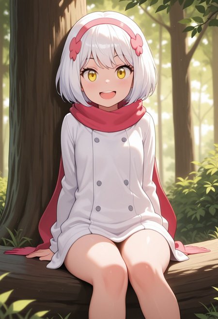 masterpiece,best quality,amazing quality, paula mccoy, short hair, white hair, yellow eyes, 1girl, solo, tree, open mouth, smile, scarf, hairband, looking at viewer, sitting, :d, hair ornament