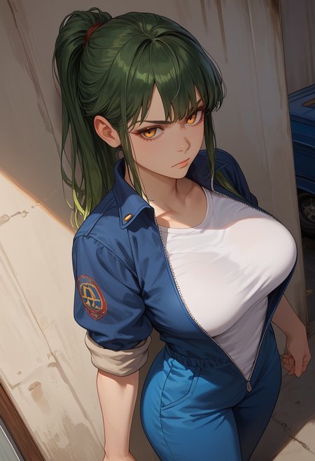 (score_9, score_8_up, score_7_up), 1girl, solo, green hair, amber eyes, long hair, ponytail, straight bangs, mechanic girl, 26 years old, large breasts,
fisheye, dutch angle, (wide hips, face focus, close-up:1.1), 
rolled up sleeves, unzipped blue jumpsuit, dutch angle, (white t-shirt:0.8), from above, serious face, 
leaning back, leaning onto wall, 
inside garage,