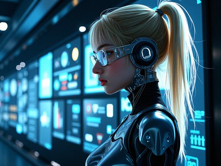 Extreme photorealistic depiction of a female hacker in a cybernetic network hub, surrounded by advanced computer systems and holographic data streams. She is wearing a sleek, alloy plating cybernetic suit embedded with cybernetic enhancements, and her blonde hair is partially illuminated by the various screens and floating holograms. The environment should feel realistically futuristic and dense with digital information, with glowing data cables and interfaces interweaving throughout the space. Highlight the contrast between her calm demeanor and the complexity of the cybernetic hub.

a subtle, integrated communication system in her head or neck, with tiny speakers and microphones for direct interaction.a form-fitting, adaptive fabric bodysuit that covers parts of her body, adjusting its texture and rigidity based on her needs.Introduce subtle, bioluminescent vein-like structures that run through her mechanical components, pulsing gently with a soft glow.Integrate glowing, circuitry-like patterns onto her metallic parts, that light up and pulse.

Lowering her futuristic glasses slightly, looking over them with a raised eyebrow and a questioning expression.