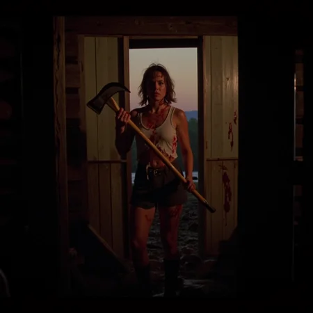 horror-themed concept art Dark Fantasy Art, <lora:Final Girls V2:0.8> final_gs, A determined young woman â bruised, bloodied but unbroken â stands alone in a dimly lit log cabin doorway at dawn, wielding an axe. Her tank top is torn, hair matted, expression fierce. Captured with a 1980s VHS camcorder, low resolution, scanlines, soft tracking glitches, light bloom from the sunrise behind her, faded blood splatter. The scene feels like a still from a vintage slasher final act â gritty, heroic, and tragic all at once., dark, moody, dark fantasy style . digital artwork, illustrative, painterly, matte painting, highly detailed . eerie, unsettling, dark, spooky, suspenseful, grim, highly detailed