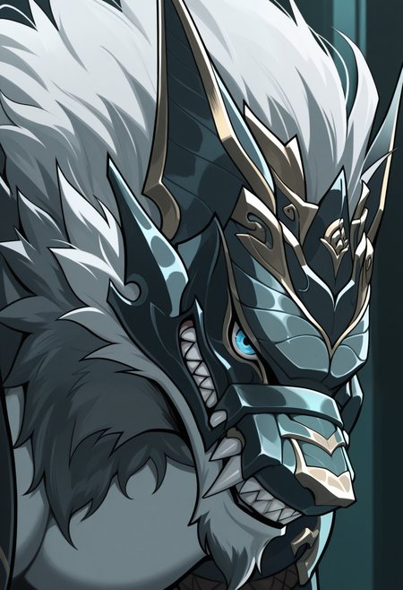 masterpiece,best quality,amazing quality, 1boy, solo, h00l4y, werewolf, grey fur, mask, hadanugi dousa, close up, side angle, smirk,