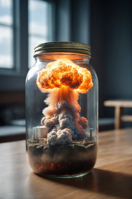 raw photo of a nuclear explosion in a jar, sharp focus, depth of field, 8k, realistic, photorealistic, hdr