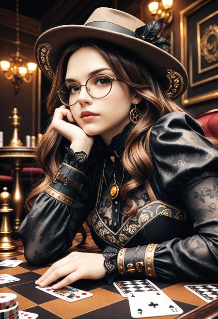 SmoothNoob_Quality, steampunk, 1girl, solo, long hair, brown hair, glasses, chessboard, intellectual, focused expression, black sheer dress, floral pattern, detailed embroidery, leaning foward, table, leaning on table, professional setting, concentration, thoughtful pose, competitive, background blur, poker table, earrings, fedora, subtle makeup, elegant style, indoor, soft lighting, feminine, intelligence, strategy, game of cards, black dress, card game, looking at cards,  <lora:Smooth_SteamPunk:1>  <lora:Smooth_Booster:0.25>