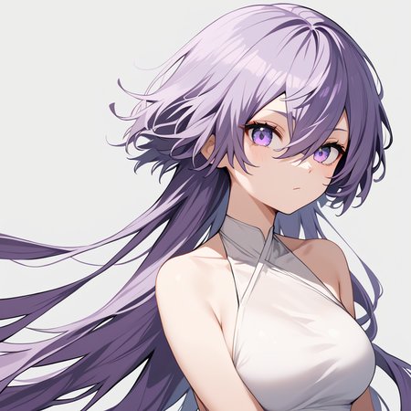 score_9, score_8_up, score_7_up, simple background, hair flowing over, 
1girl, jfcut, long hair, halterneck, hair between eyes, purple hair,
 <lora:jellyfish_haircut_pony_v1:0.6>