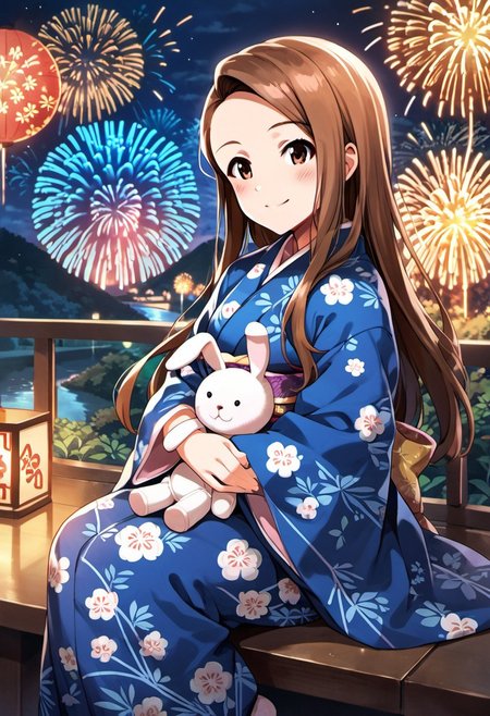 score_9, score_8_up, score_7_up, source_anime,minase iori, long hair, brown hair, brown eyes, 1girl, japanese clothes, kimono, blue kimono, sitting, solo, stuffed toy, smile, stuffed animal, stuffed bunny, fireworks, blush