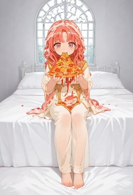 red slime girl ((eating pizza)) pizzasdx, looking at viewer (pizza melting:1.5) medieval bedroom background, masterpiece, full body sitting on bed, white bed, bed, white sheets, window, good light, perfect hands, good hands (hands on pizza) pizza