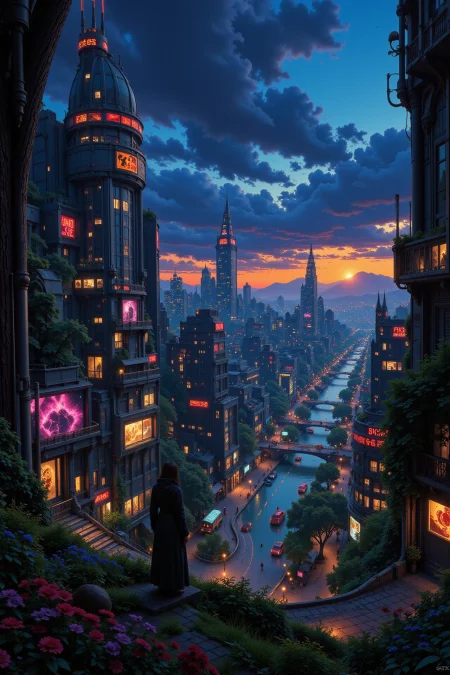 a futuristic sci-fi fantastic cyberpunk city beautiful  landscape, dusk, woman, very intricate, very detailed, sharp, bright, colorful, <lora:Hand v2:0.5> <lora:Anti-Blur:1><lora:Insane Detail Slider:0.25>  <lora:flux.1_lora_flyway_Epic-detail_v2:0.3> <lora:fluxenhancer:0.25> <lora:Anime_style:0.6> anime style
