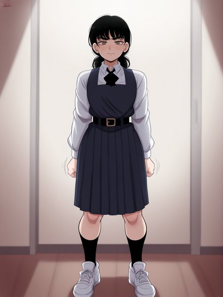(masterpiece, amazing quality, best quality), <lora:blackwhiplash(bwl)-guy90-Illust-Lycorisv1:1>, blaash, motion lines, cinematic lighting, shadows, lighting,
 <lora:Asa:1>, mitaka asa, 1girl, solo, long hair, low twintails, twintails, black hair, 
shirt, white shirt, collared shirt, long sleeves, dress, sleeveless dress, blue dress, pinafore dress, pleated dress, school uniform, fourth east high school uniform, bow, ribbon, neck ribbon, black ribbon, bowtie, black bowtie, black bow, skirt, belt, black belt, belt buckle, socks, black socks, shoes, white footwear, sneakers
brown eyes,