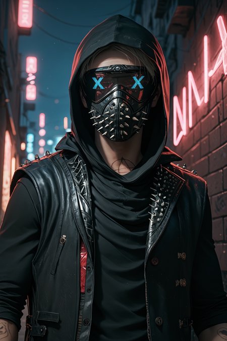 score_9, score_8_up, score_7_up, score_6_up
<lora:WDWren:0.9>
WDWren, 1boy, faceless, mask, hood up, vest, looking at viewer, In a dimly lit urban alley, tailored black suit, ambient neon lights casting shadows, leaning confidently against a brick wall, cowboy shot