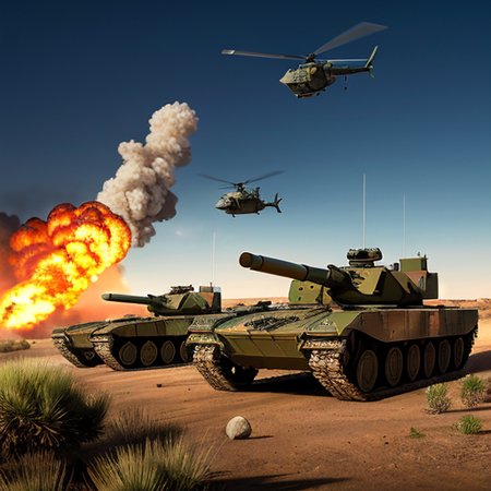 bf2042,
Best quality, masterpiece, ultra high res, (photorealistic:1.4), detailed skin, cinematic lighting, cinematic highly detailed, colorful,
modern Photograph, a group of soldiers in battlefield,
battlefield explosion everywhere,
jet fighters and heli copters flying in the sky,
two tanks on the ground,
In desert area ,
buildings on fire and one abandoned military armored vehicle in the background, 
<lora:ztz99ATank_ztz99ATank:0.3>