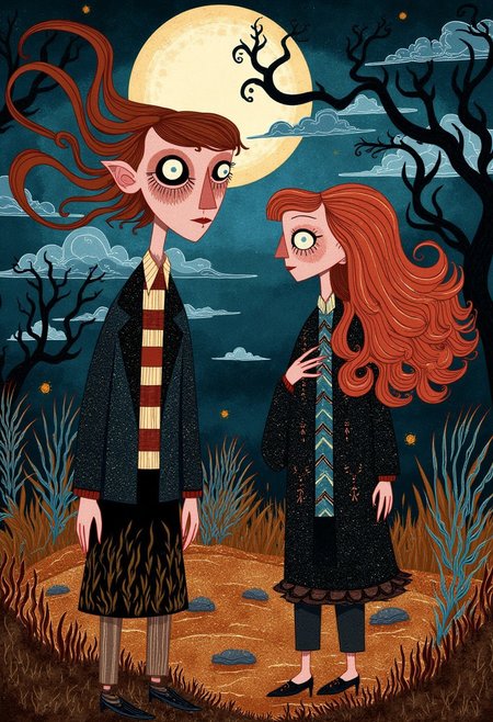 Whimsical, storybook-inspired folk art with flowing, dreamlike details. Spooky investment bankers from Wall Street haunts the poor at night. Creepy horror ambiance