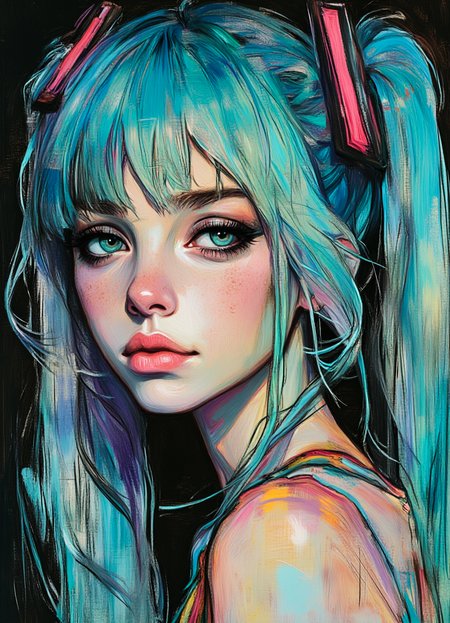 Hatsune Miku,limited palette,black background,colorful,vibrant,glowing outline,neon,blacklight,looking at viewer, masterpiece, very aesthetic, realistic, photo
