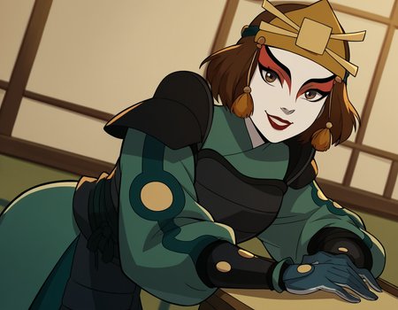 score_9, score_8_up, score_7_up, source_anime, <lora:suki-book2-ponyxl-lora-nochekaiser:1>, suki, short hair, brown hair, brown eyes, makeup, lipstick,, gloves, armor, breastplate, hair ornament, gloves,, indoors, bent over, smile, looking at viewer, solo, cowboy shot, dutch angle
